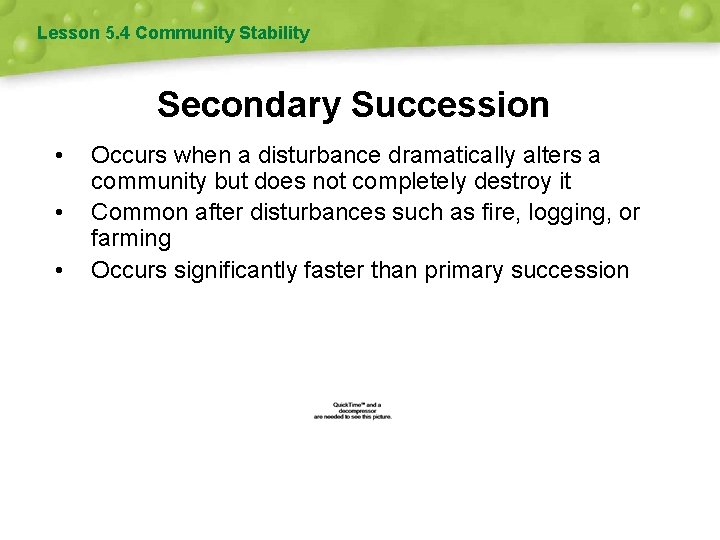 Lesson 5. 4 Community Stability Secondary Succession • • • Occurs when a disturbance