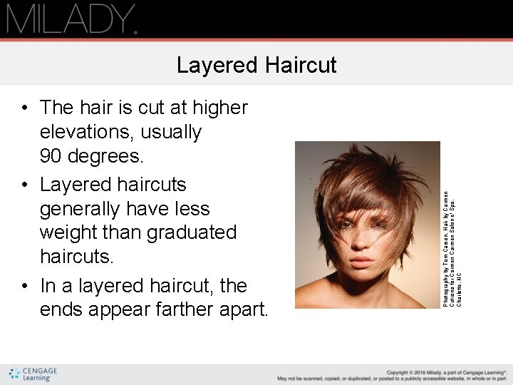 • The hair is cut at higher elevations, usually 90 degrees. • Layered • The hair is cut at higher elevations, usually 90 degrees. • Layered