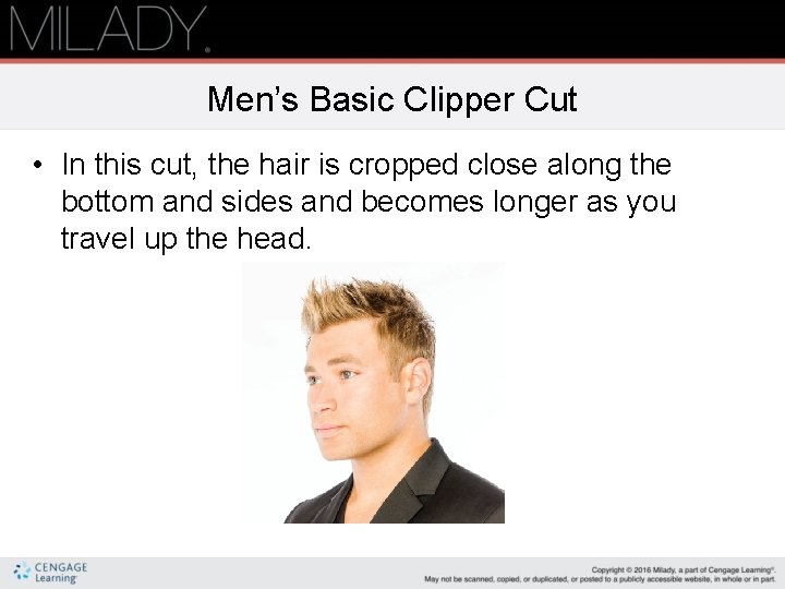 Men’s Basic Clipper Cut • In this cut, the hair is cropped close along