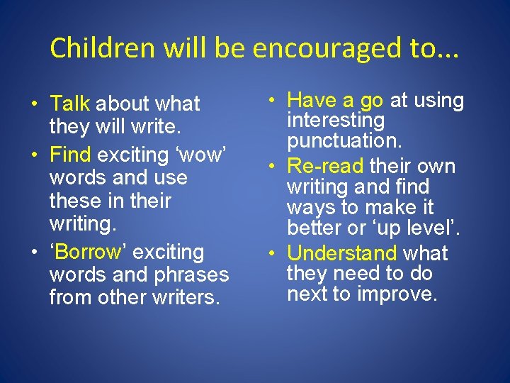 Children will be encouraged to. . . • Talk about what they will write.