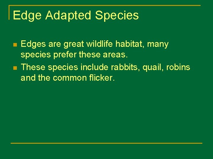 Edge Adapted Species n n Edges are great wildlife habitat, many species prefer these