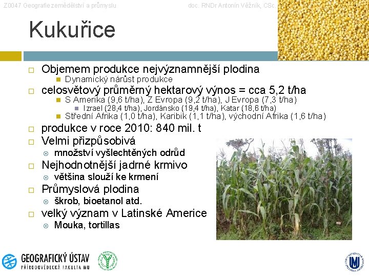 Z 0047 Geografie zemědělství a průmyslu doc. RNDr Antonín Věžník, CSc. Kukuřice Objemem produkce
