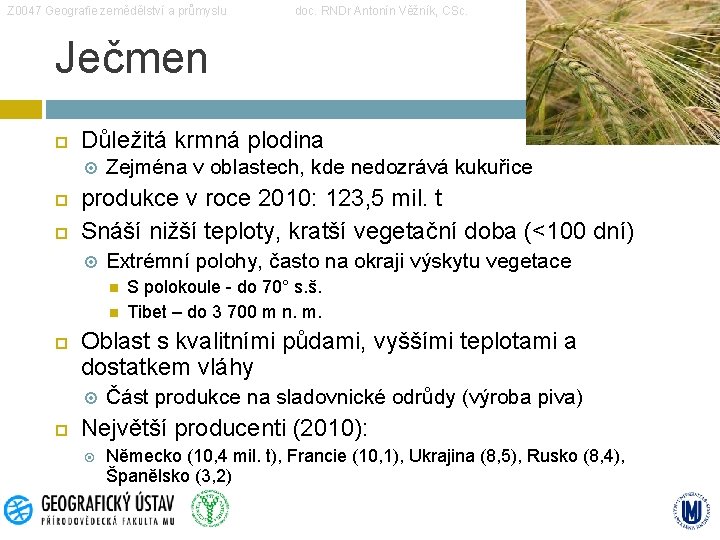 Z 0047 Geografie zemědělství a průmyslu doc. RNDr Antonín Věžník, CSc. Ječmen Důležitá krmná