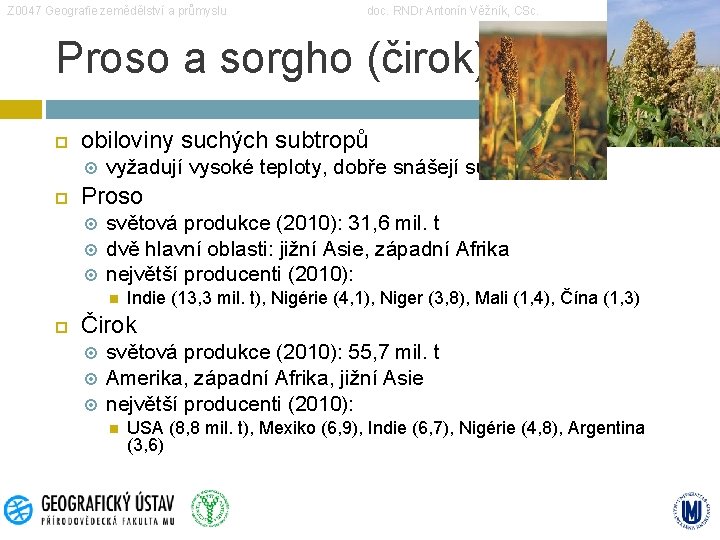 Z 0047 Geografie zemědělství a průmyslu doc. RNDr Antonín Věžník, CSc. Proso a sorgho