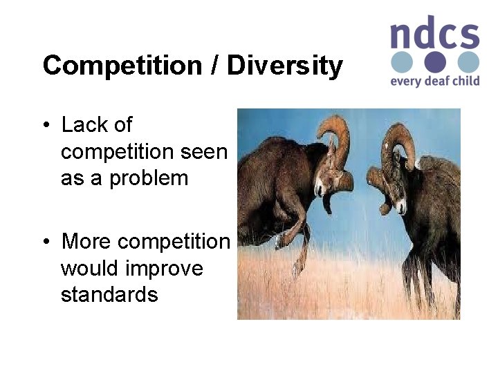 Competition / Diversity • Lack of competition seen as a problem • More competition