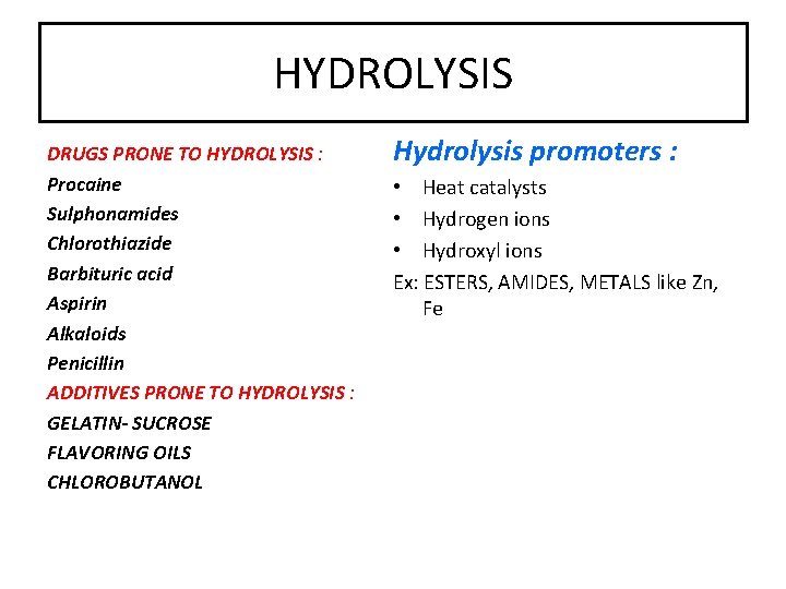 HYDROLYSIS DRUGS PRONE TO HYDROLYSIS : Procaine Sulphonamides Chlorothiazide Barbituric acid Aspirin Alkaloids Penicillin