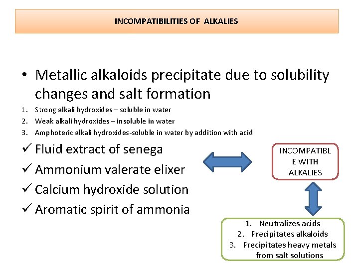 INCOMPATIBILITIES OF ALKALIES • Metallic alkaloids precipitate due to solubility changes and salt formation