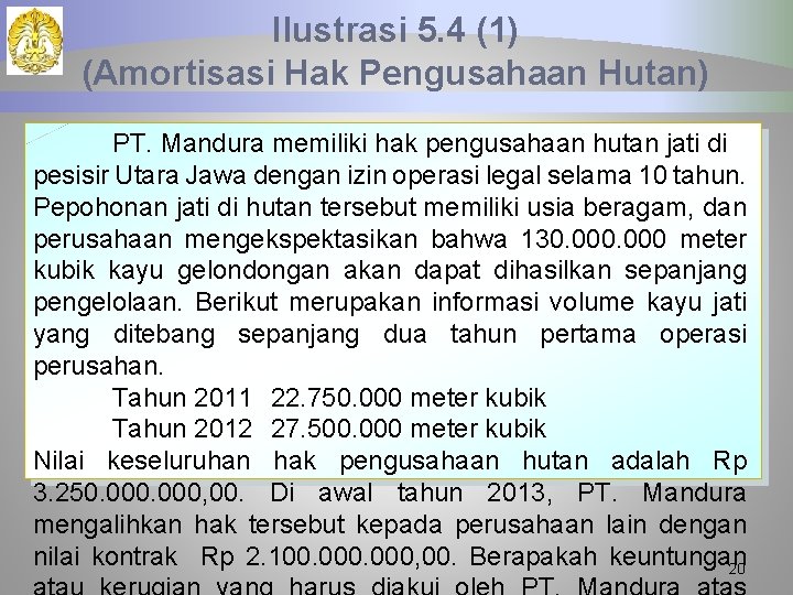 Ilustrasi 5. 4 (1) (Amortisasi Hak Pengusahaan Hutan) PT. Mandura memiliki hak pengusahaan hutan