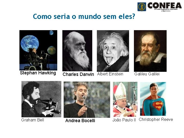 Como seria o mundo sem eles? Stephan Hawking Graham Bell Charles Darwin Albert Einstein