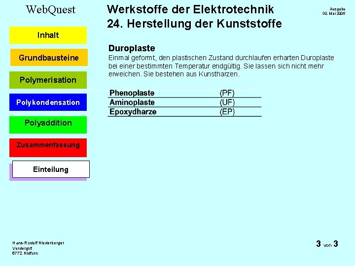 Web. Quest Werkstoffe der Elektrotechnik 24. Herstellung der Kunststoffe Ausgabe 30. Mai 2006 Inhalt