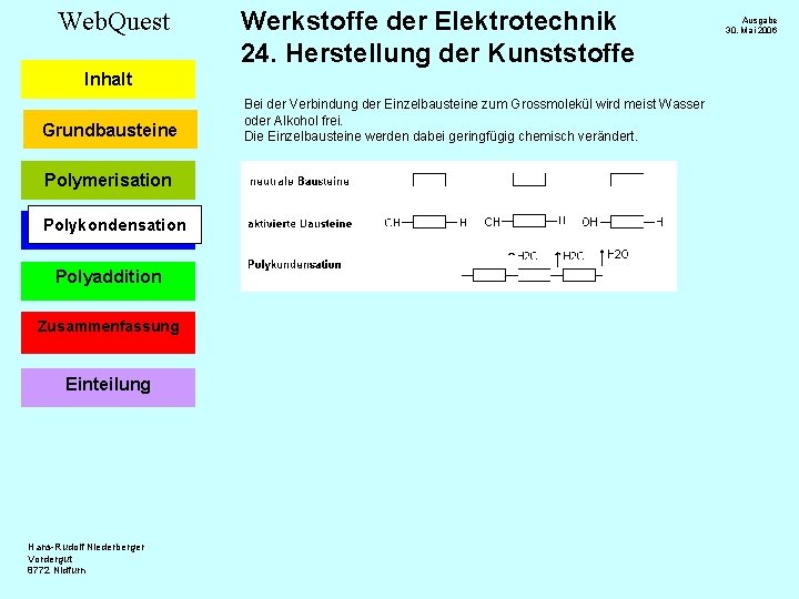 Web. Quest Werkstoffe der Elektrotechnik 24. Herstellung der Kunststoffe Inhalt Grundbausteine Polymerisation Polykondensation Polyaddition