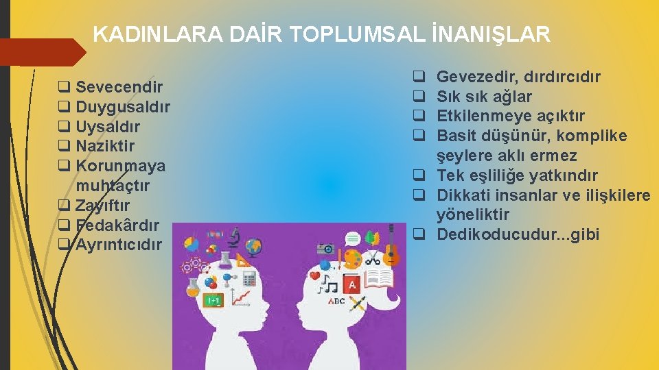 KADINLARA DAİR TOPLUMSAL İNANIŞLAR q Sevecendir q Duygusaldır q Uysaldır q Naziktir q Korunmaya