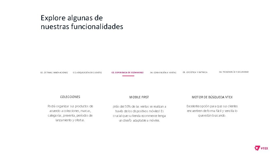 Explore algunas de nuestras funcionalidades 01. ÚLTIMAS INNOVACIONES 02. ADQUISICIÓN DE CLIENTES 03. EXPERIENCIA