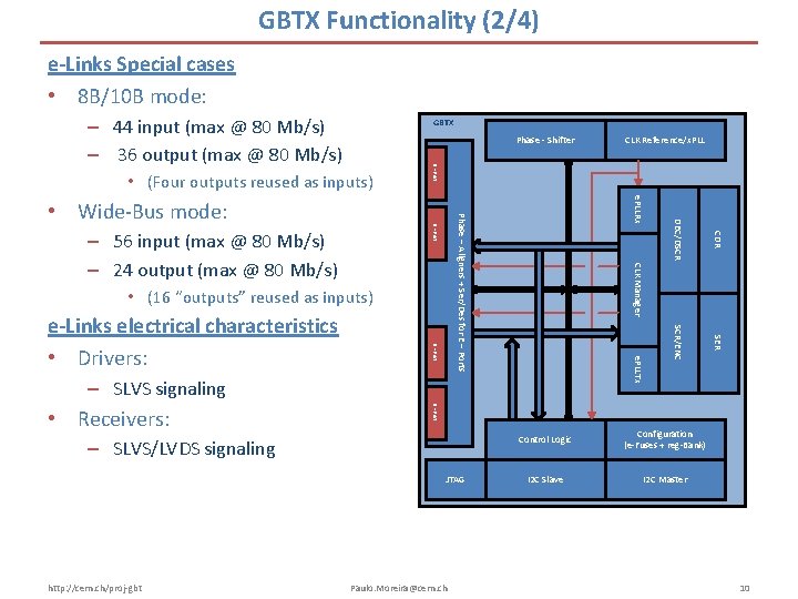 GBTX Functionality (2/4) e-Links Special cases • 8 B/10 B mode: – 44 input