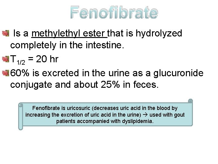 Fenofibrate Is a methyl ester that is hydrolyzed completely in the intestine. T 1/2