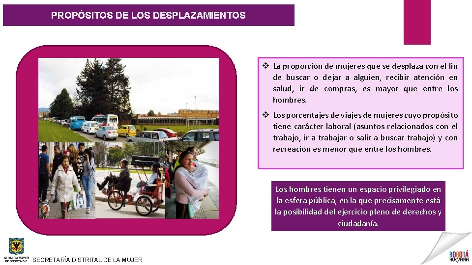 PROPÓSITOS DE LOS DESPLAZAMIENTOS v La proporción de mujeres que se desplaza con el