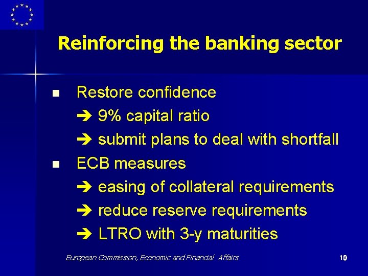 Reinforcing the banking sector n n Restore confidence 9% capital ratio submit plans to