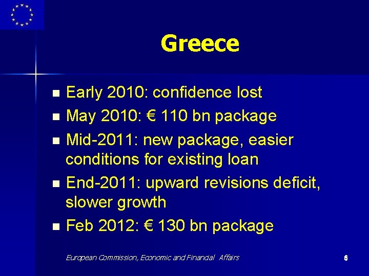 Greece Early 2010: confidence lost n May 2010: € 110 bn package n Mid-2011: