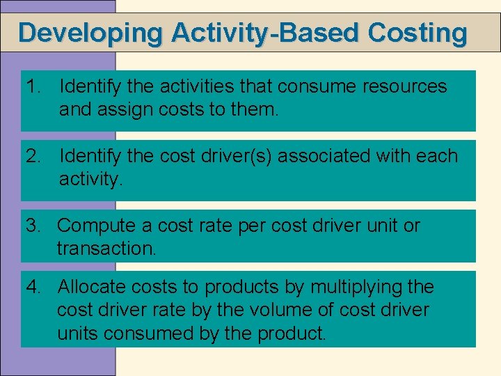 Developing Activity-Based Costing 1. Identify the activities that consume resources and assign costs to