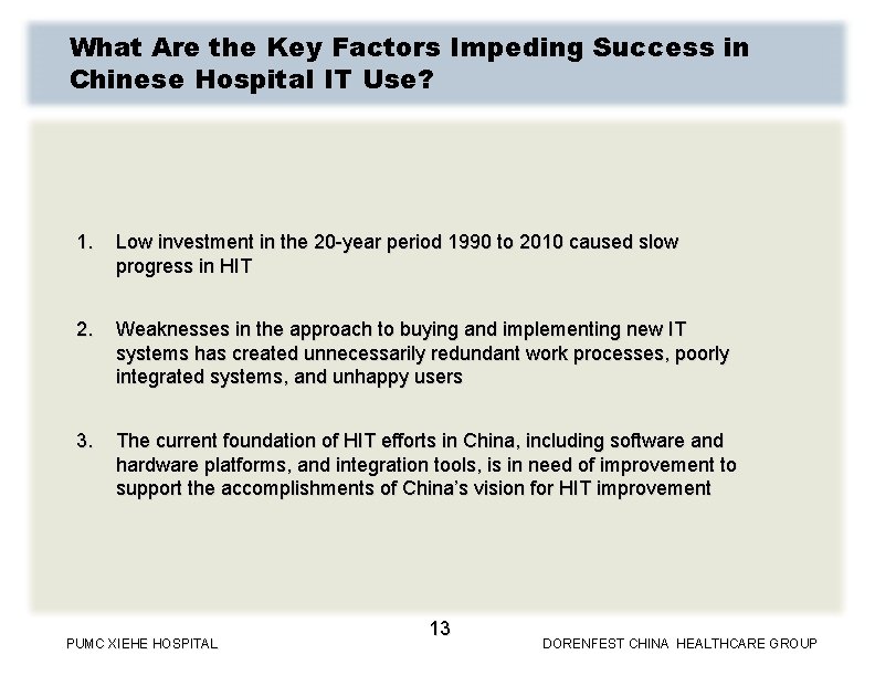 What Are the Key Factors Impeding Success in Chinese Hospital IT Use? 1. Low