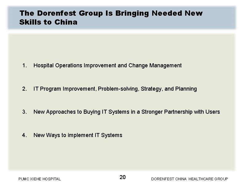 The Dorenfest Group Is Bringing Needed New Skills to China 1. Hospital Operations Improvement The Dorenfest Group Is Bringing Needed New Skills to China 1. Hospital Operations Improvement