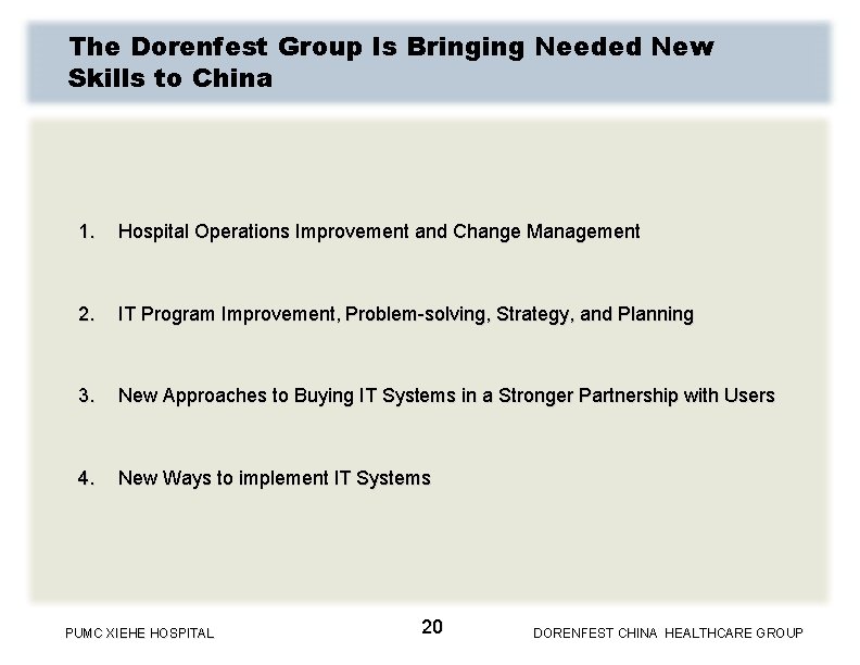 The Dorenfest Group Is Bringing Needed New Skills to China 1. Hospital Operations Improvement