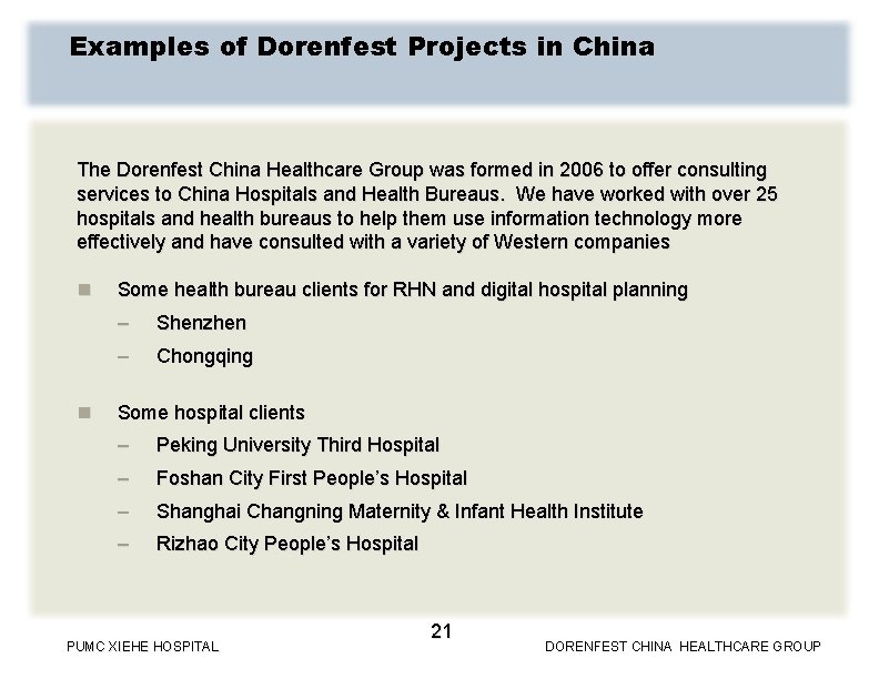 Examples of Dorenfest Projects in China The Dorenfest China Healthcare Group was formed in