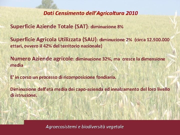 Dati Censimento dell’Agricoltura 2010 Superficie Aziende Totale (SAT): diminuzione 8% Superficie Agricola Utilizzata (SAU):