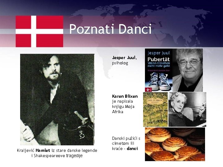 Poznati Danci Jesper Juul, psiholog Karen Blixen je napisala knjigu Moja Afrika Kraljević Hamlet