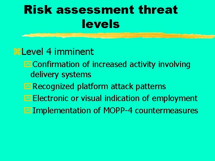 Risk assessment threat levels z. Level 4 imminent y. Confirmation of increased activity involving