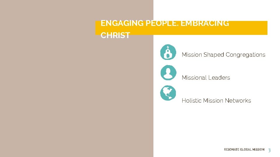 ENGAGING PEOPLE. EMBRACING CHRIST Mission Shaped Congregations Missional Leaders Holistic Mission Networks RESONATE GLOBAL