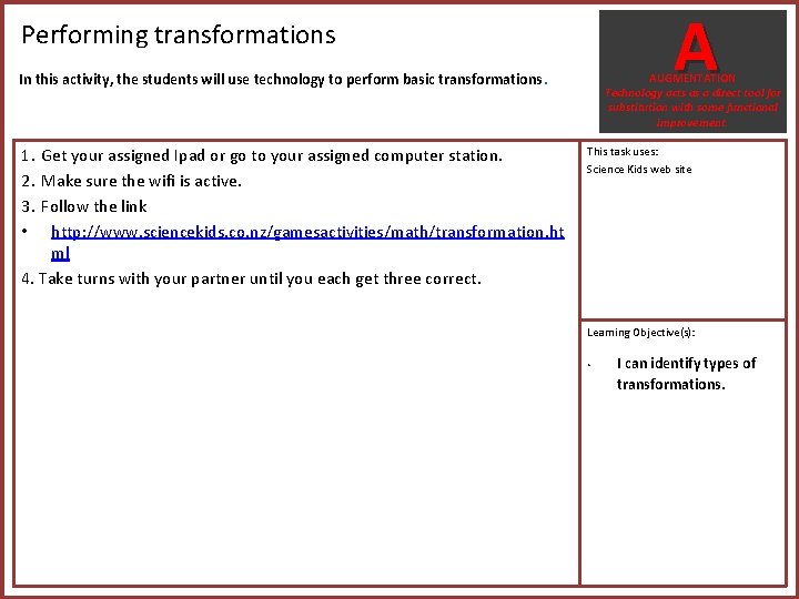 A Performing transformations In this activity, the students will use technology to perform basic