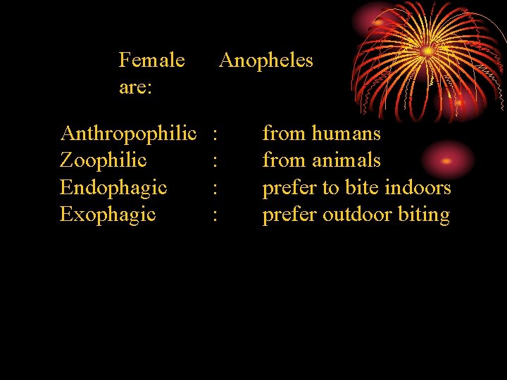 Female are: Anthropophilic Zoophilic Endophagic Exophagic Anopheles : : from humans from animals prefer