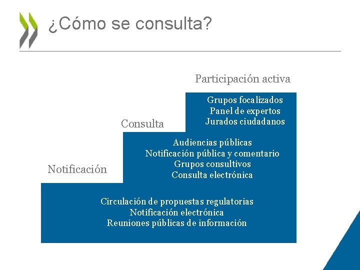 ¿Cómo se consulta? Participación activa Consulta Notificación Grupos focalizados Panel de expertos Jurados ciudadanos