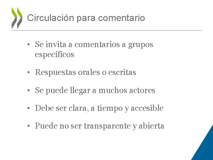 Circulación para comentario • Se invita a comentarios a grupos específicos • Respuestas orales