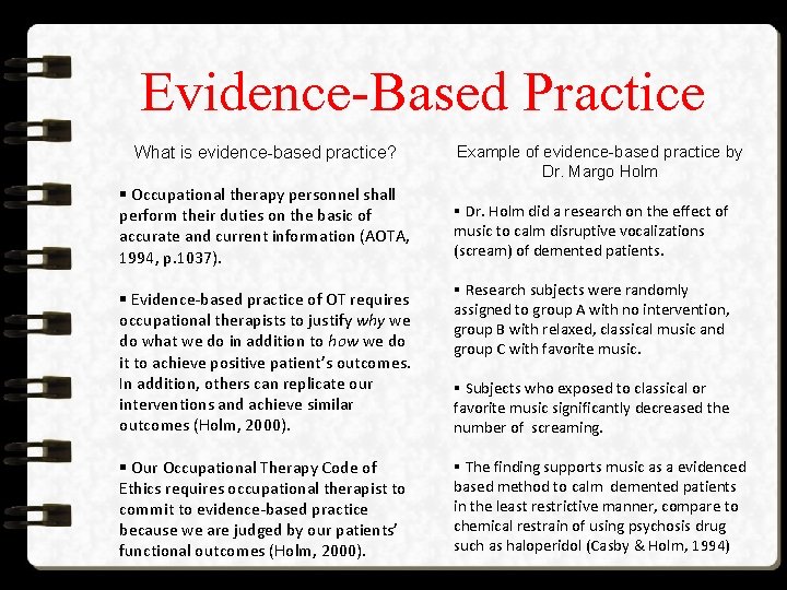 Evidence-Based Practice What is evidence-based practice? § Occupational therapy personnel shall perform their duties