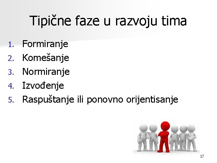 Tipične faze u razvoju tima 1. 2. 3. 4. 5. Formiranje Komešanje Normiranje Izvođenje