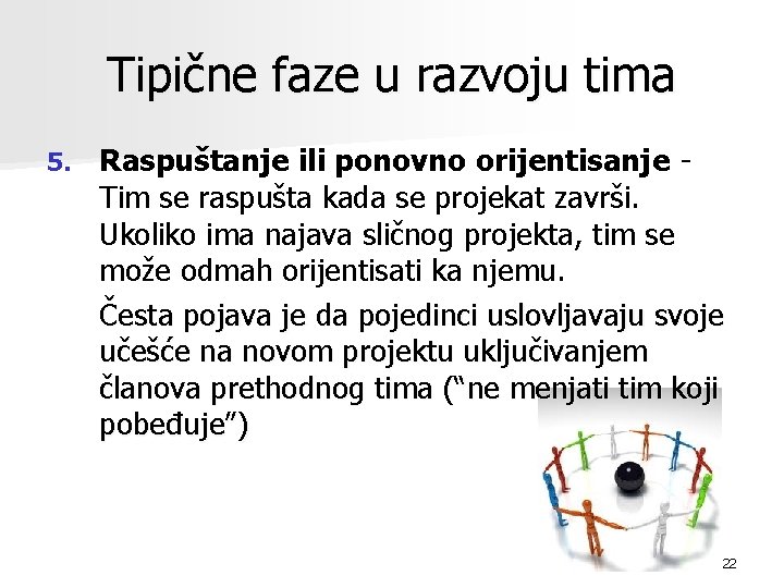 Tipične faze u razvoju tima 5. Raspuštanje ili ponovno orijentisanje Tim se raspušta kada