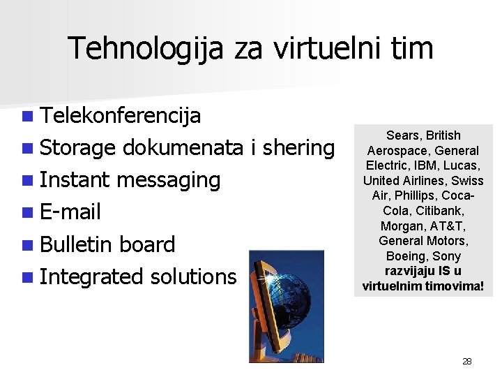 Tehnologija za virtuelni tim n Telekonferencija n Storage dokumenata i shering n Instant messaging