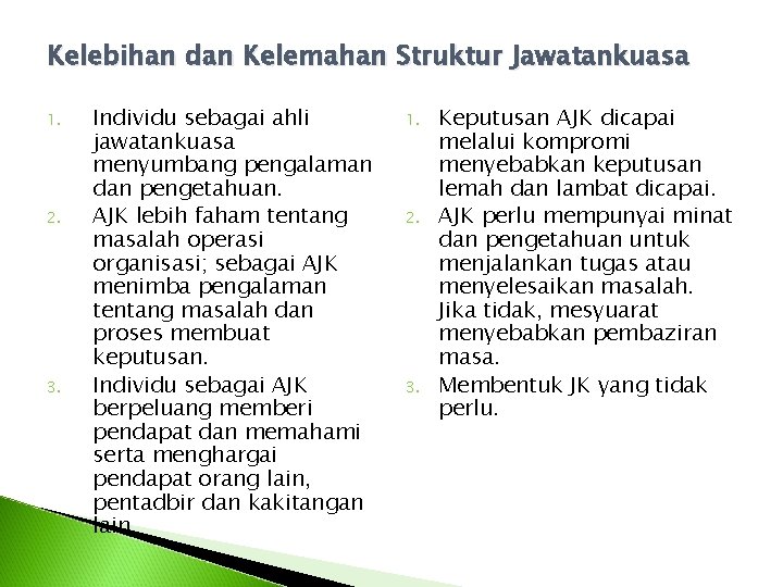Kelebihan dan Kelemahan Struktur Jawatankuasa 1. 2. 3. Individu sebagai ahli jawatankuasa menyumbang pengalaman Kelebihan dan Kelemahan Struktur Jawatankuasa 1. 2. 3. Individu sebagai ahli jawatankuasa menyumbang pengalaman