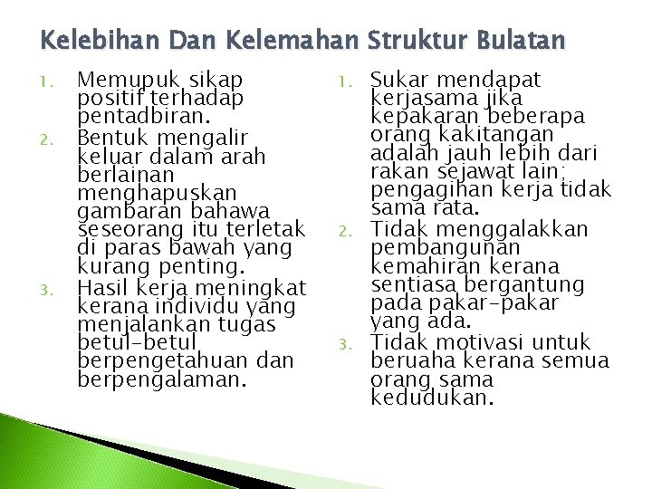 Kelebihan Dan Kelemahan Struktur Bulatan 1. 2. 3. Memupuk sikap positif terhadap pentadbiran. Bentuk