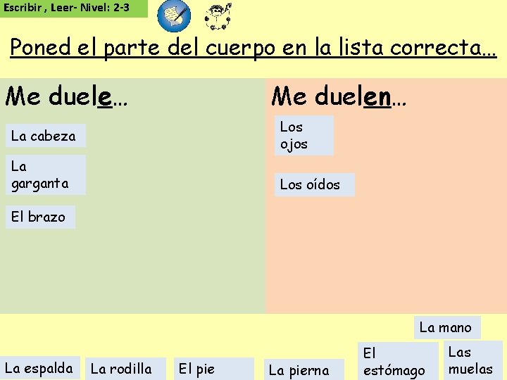 Escribir , Leer- Nivel: 2 -3 Poned el parte del cuerpo en la lista