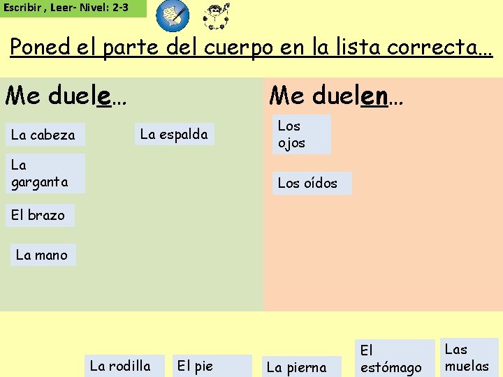 Escribir , Leer- Nivel: 2 -3 Poned el parte del cuerpo en la lista