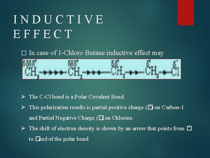 INDUCTIVE EFFECT � In case of 1 -Chloro Butane inductive effect may be represented