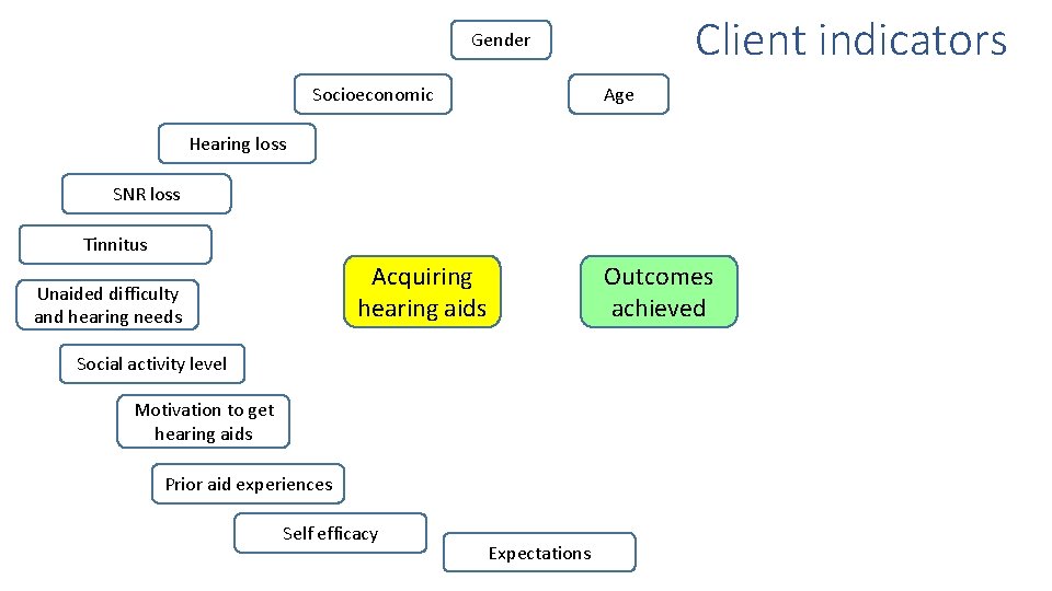 Client indicators Gender Socioeconomic Age Hearing loss SNR loss Tinnitus Outcomes achieved Acquiring hearing