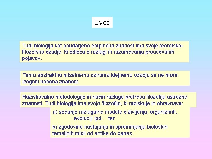 Uvod Tudi biologija kot poudarjeno empirična znanost ima svoje teoretskofilozofsko ozadje, ki odloča o
