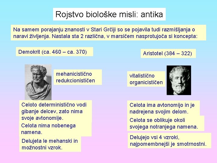 Rojstvo biološke misli: antika Na samem porajanju znanosti v Stari Grčiji so se pojavila