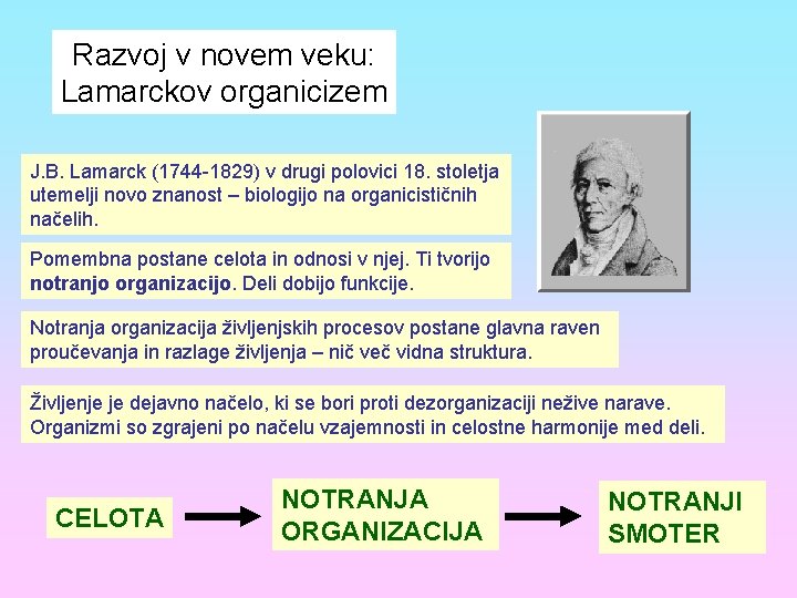 Razvoj v novem veku: Lamarckov organicizem J. B. Lamarck (1744 -1829) v drugi polovici