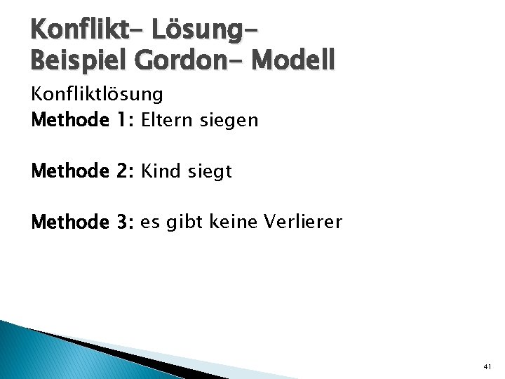 Konflikt- Lösung. Beispiel Gordon- Modell Konfliktlösung Methode 1: Eltern siegen Methode 2: Kind siegt