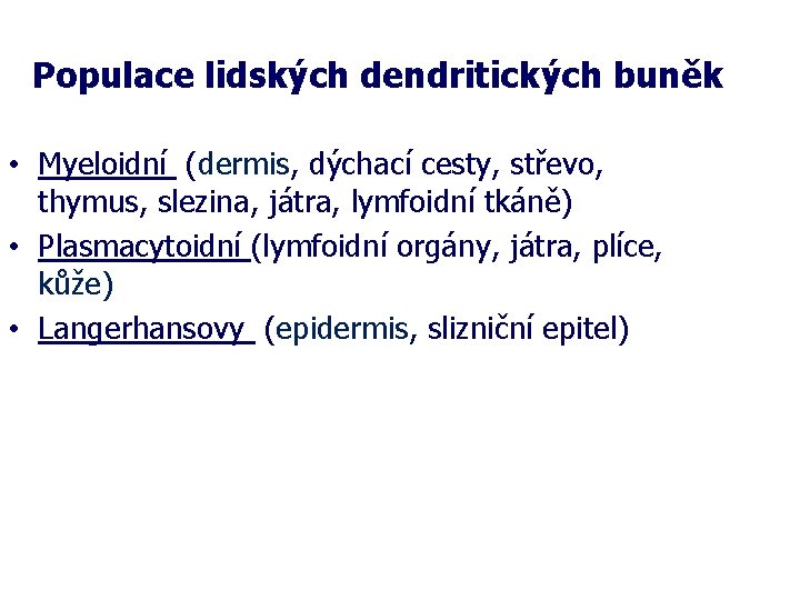 Populace lidských dendritických buněk • Myeloidní (dermis, dýchací cesty, střevo, thymus, slezina, játra, lymfoidní